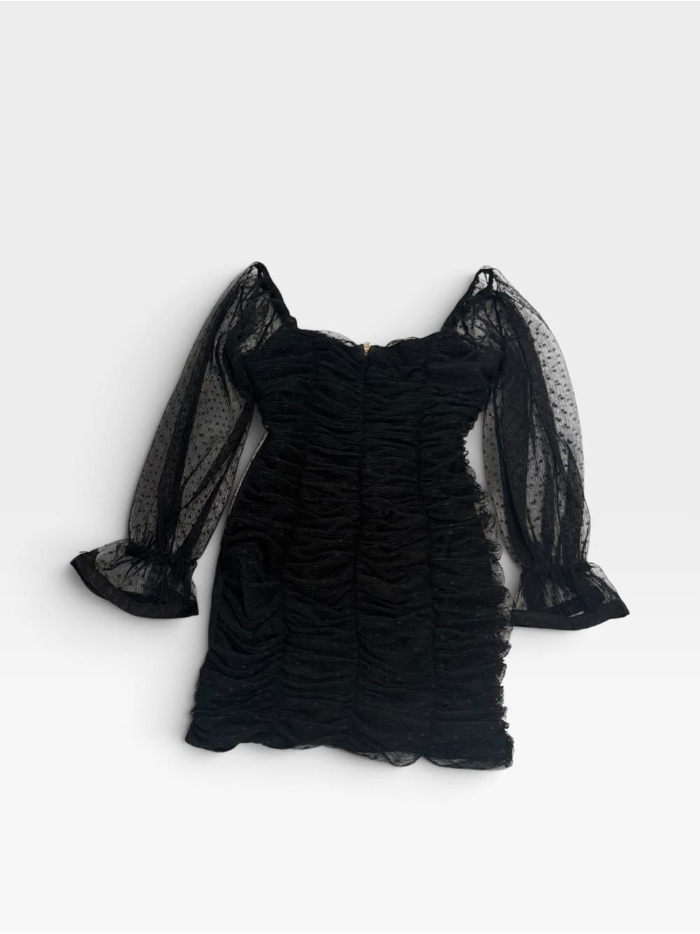 Haute Monde Black Sheer Polka Dot Sleeve Ruched Mini Dress Size Large